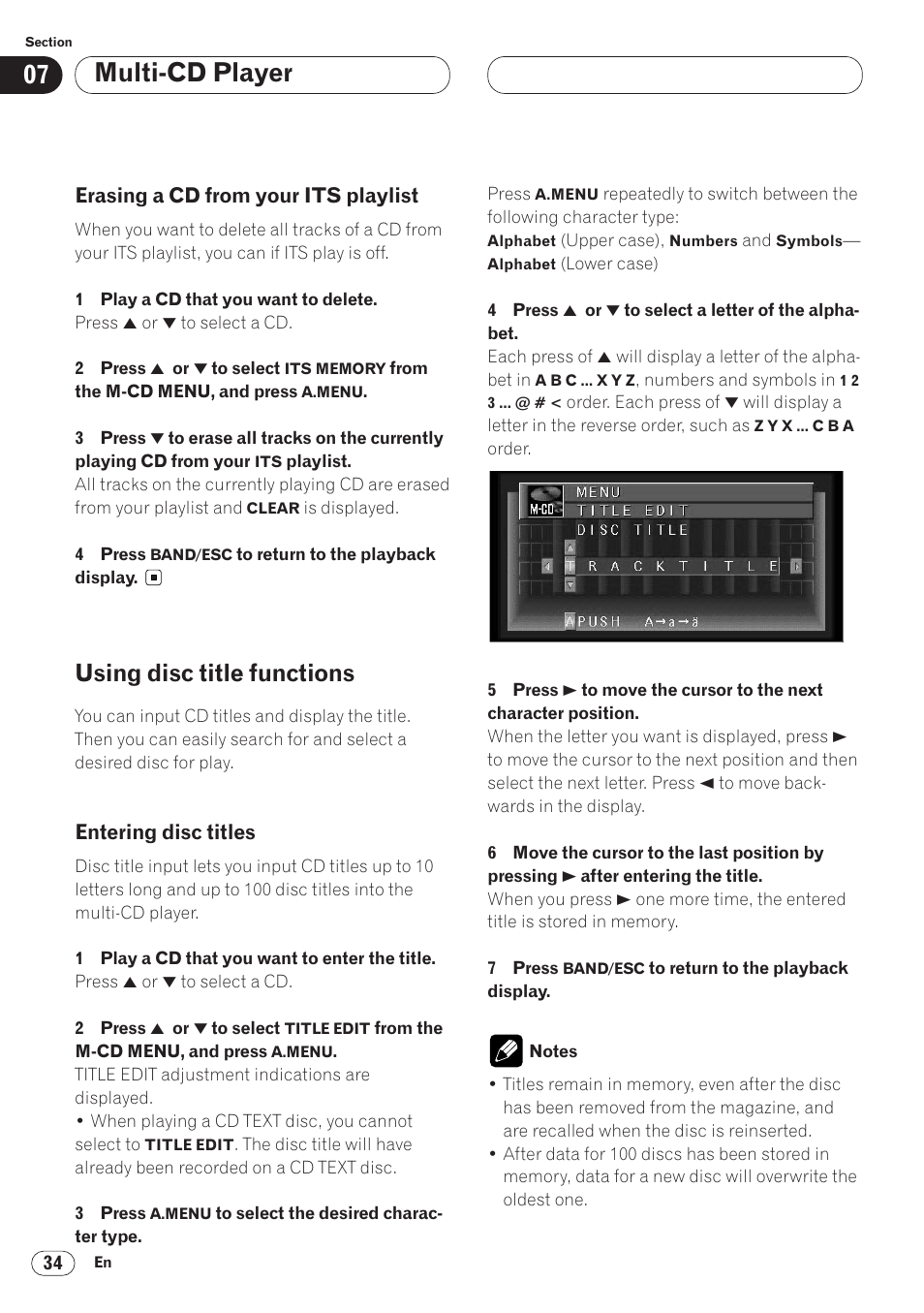 Erasing a cd from your its playlist 34, Using disc title functions 34, Entering disc titles 34 | Multi-cd player, Using disc title functions | Pioneer AVH-P6400 User Manual | Page 34 / 212