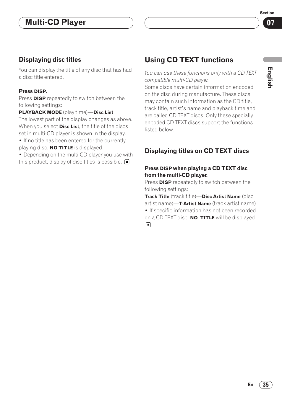 Displaying disc titles 35, Using cd text functions 35, Displaying titles on cd text discs 35 | Multi-cd player, Using cd text functions | Pioneer AVH-P6400 User Manual | Page 35 / 212