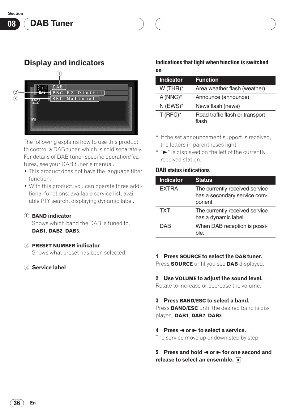 Display and indicators 36, Dab tuner, Display and indicators | Pioneer AVH-P6400 User Manual | Page 36 / 212