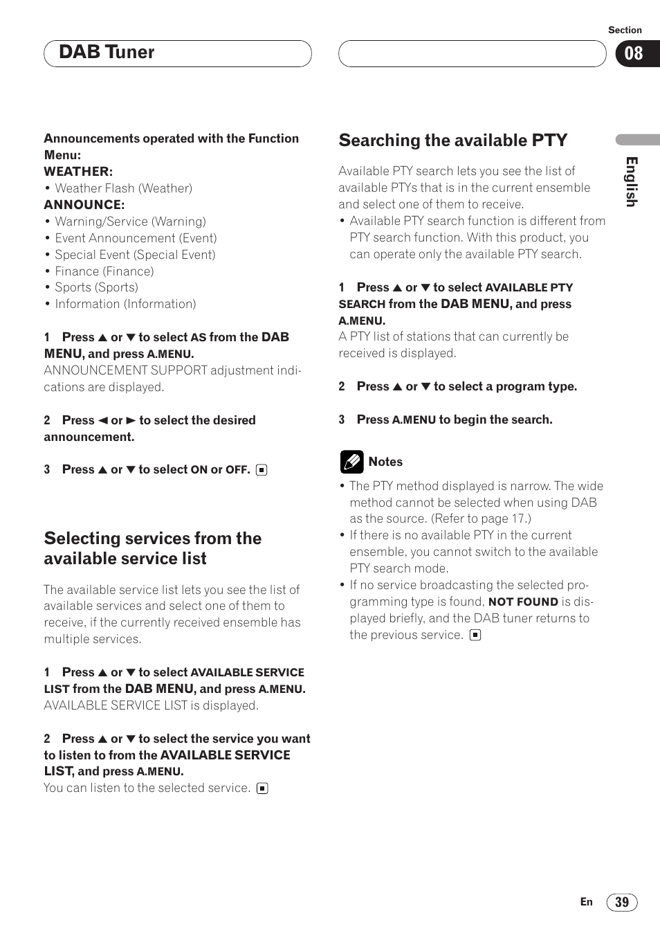 Selecting services from the available ser, Vice list 39, Searching the available pty 39 | Dab tuner, Selecting services from the available service list, Searching the available pty | Pioneer AVH-P6400 User Manual | Page 39 / 212
