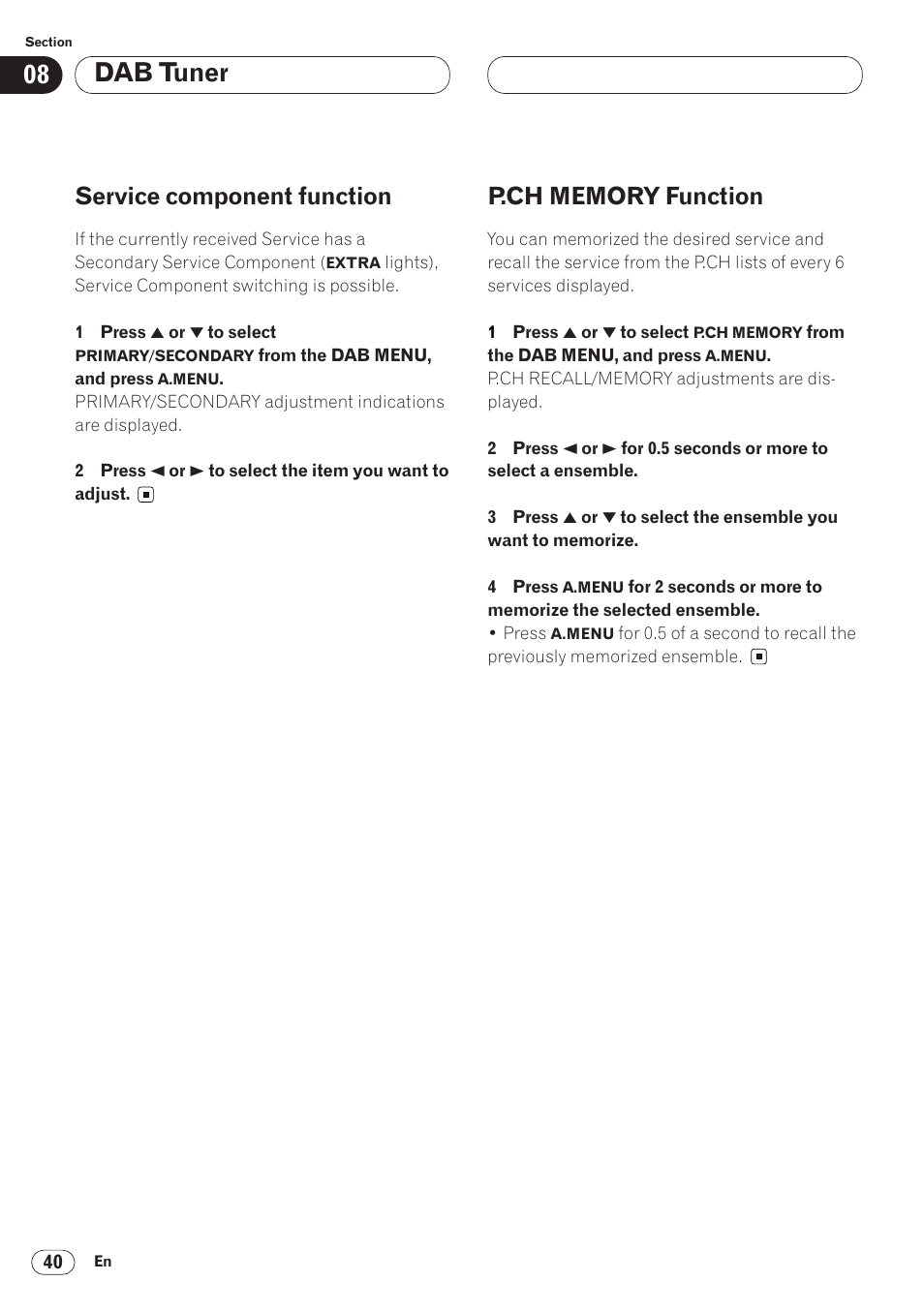 Dab tuner, Service component function | Pioneer AVH-P6400 User Manual | Page 40 / 212