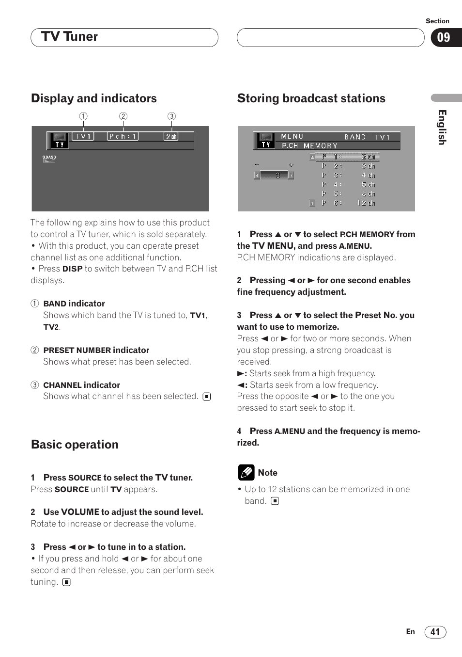 Tv tuner, Display and indicators, Basic operation | Storing broadcast stations | Pioneer AVH-P6400 User Manual | Page 41 / 212