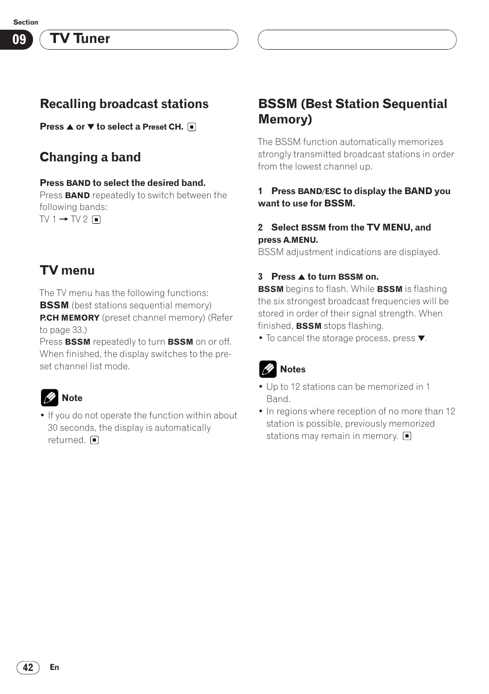 Tv tuner, Recalling broadcast stations, Changing a band | Tv menu | Pioneer AVH-P6400 User Manual | Page 42 / 212
