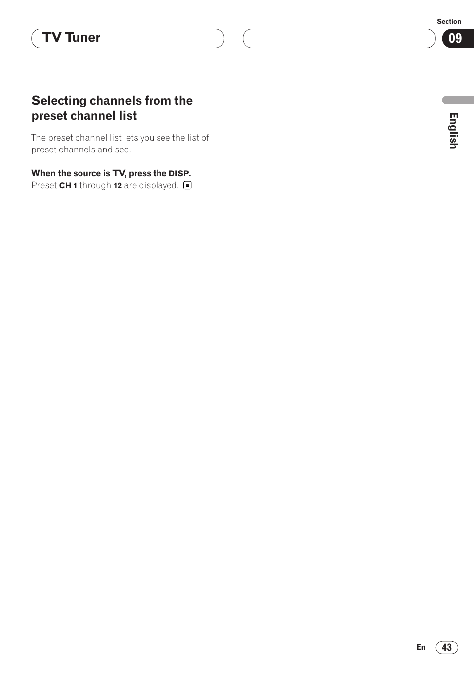 Selecting channels from the, Preset channel list 43, Tv tuner | Selecting channels from the preset channel list | Pioneer AVH-P6400 User Manual | Page 43 / 212