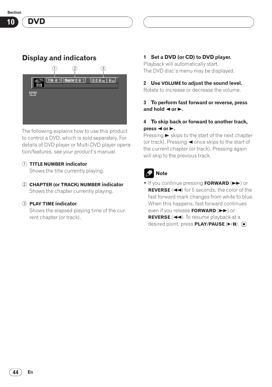 Display and indicators 44, Display and indicators | Pioneer AVH-P6400 User Manual | Page 44 / 212