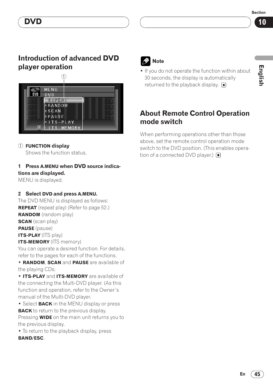 Introduction of advanced dvd player, Opration 45, About remote control operation mode | Switch 45, Introduction of advanced dvd player operation, About remote control operation mode switch | Pioneer AVH-P6400 User Manual | Page 45 / 212