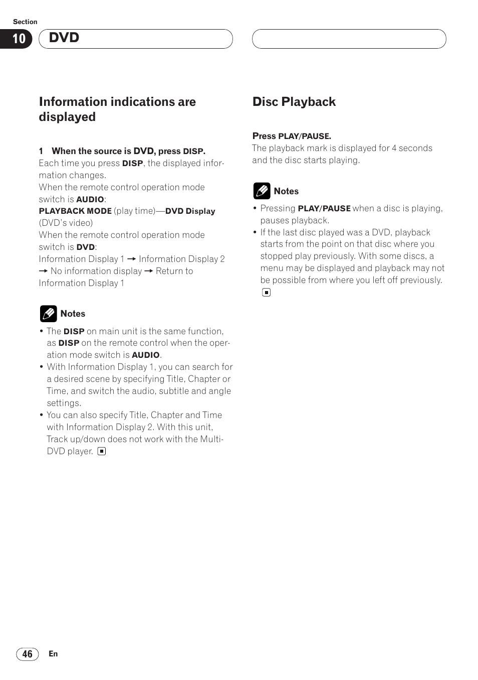 Information indications are displayed, Disc playback | Pioneer AVH-P6400 User Manual | Page 46 / 212