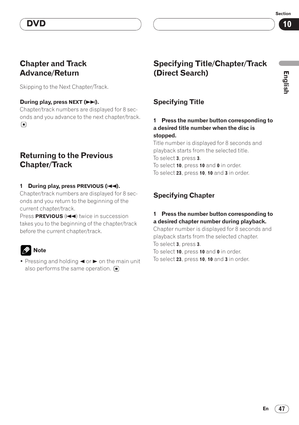 Chapter and track advance/return, Returning to the previous chapter/track, Specifying title/chapter/track (direct search) | Pioneer AVH-P6400 User Manual | Page 47 / 212