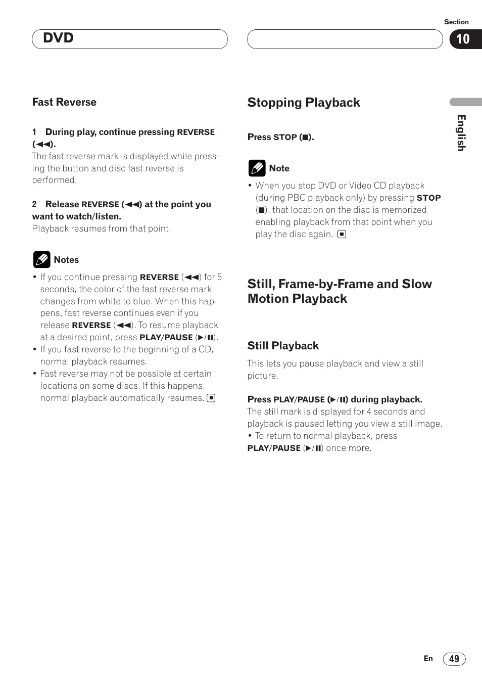 Fast reverse 49, Playback 49 • still playback 49, Stopping playback | Still, frame-by-frame and slow motion playback | Pioneer AVH-P6400 User Manual | Page 49 / 212