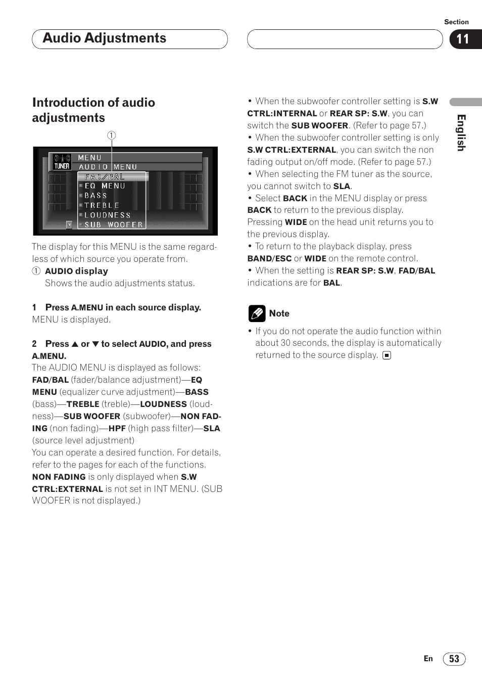Introduction of audio adjustments 53, Audio adjustments, Introduction of audio adjustments | Pioneer AVH-P6400 User Manual | Page 53 / 212