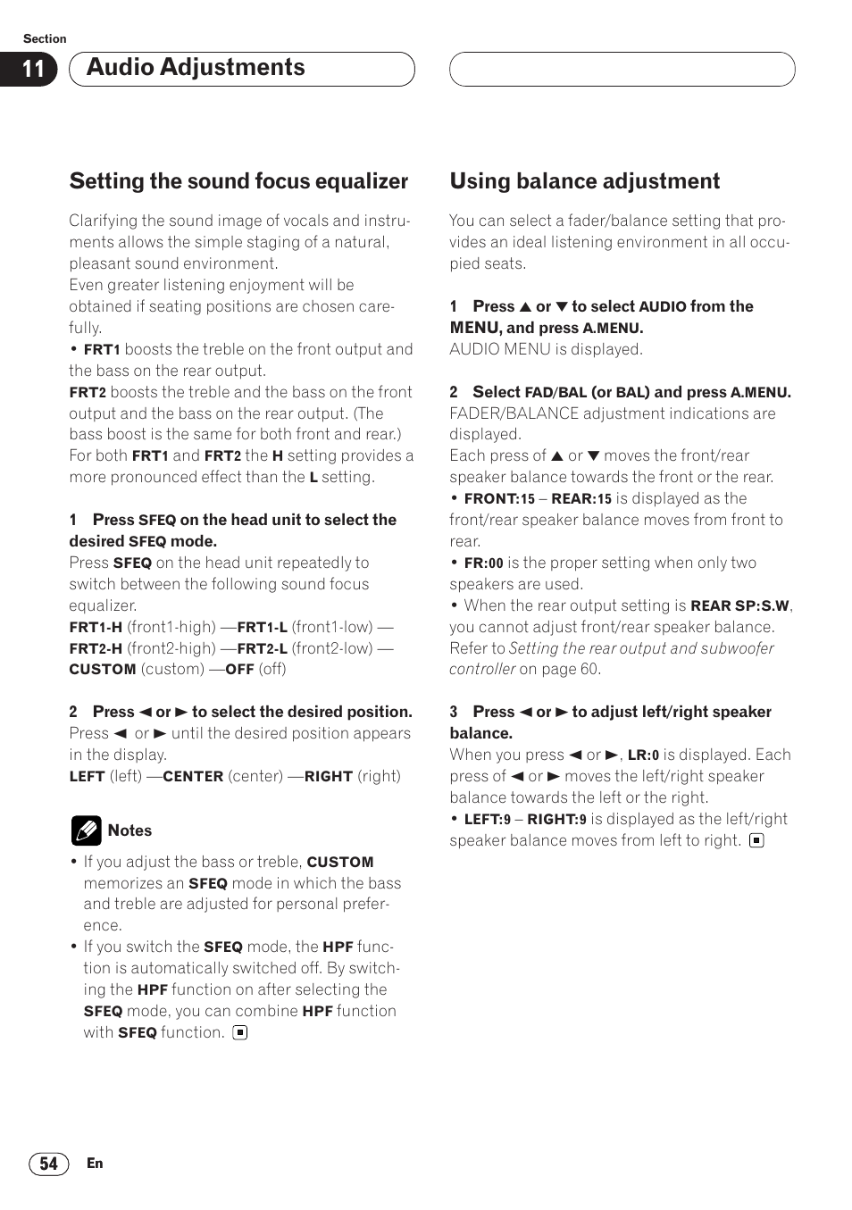 Audio adjustments, Setting the sound focus equalizer, Using balance adjustment | Pioneer AVH-P6400 User Manual | Page 54 / 212