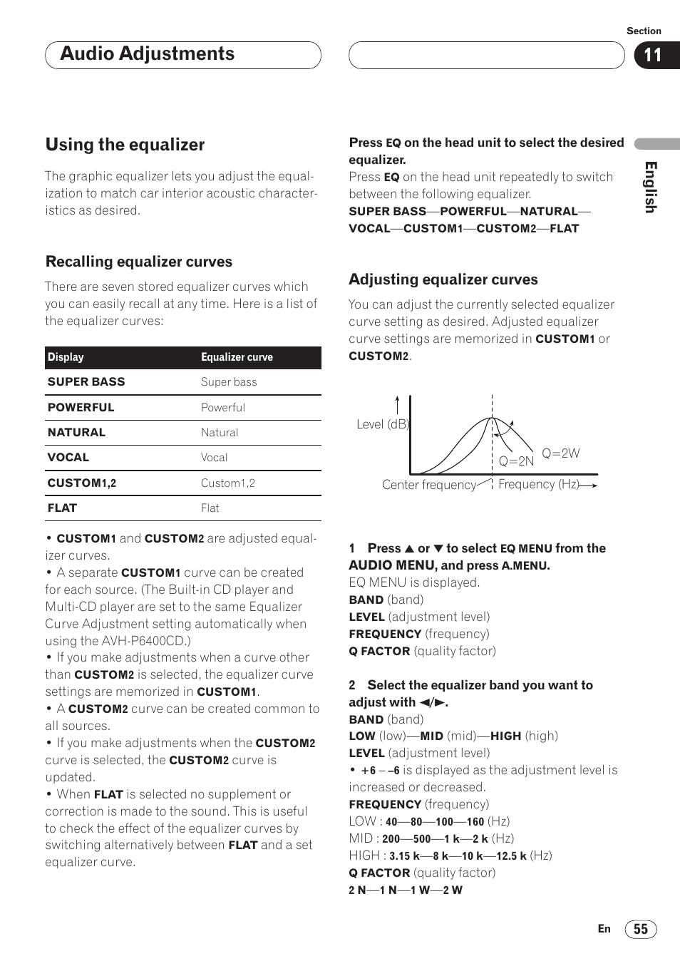 Using the equalizer 55, Audio adjustments, Using the equalizer | Recalling equalizer curves, Adjusting equalizer curves | Pioneer AVH-P6400 User Manual | Page 55 / 212