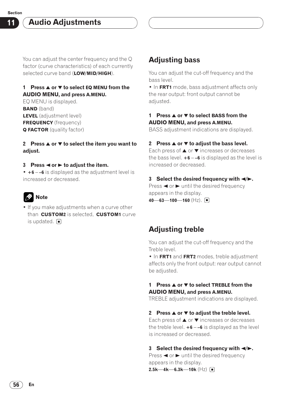 Adjusting bass 56 adjusting treble 56, Audio adjustments, Adjusting bass | Adjusting treble | Pioneer AVH-P6400 User Manual | Page 56 / 212