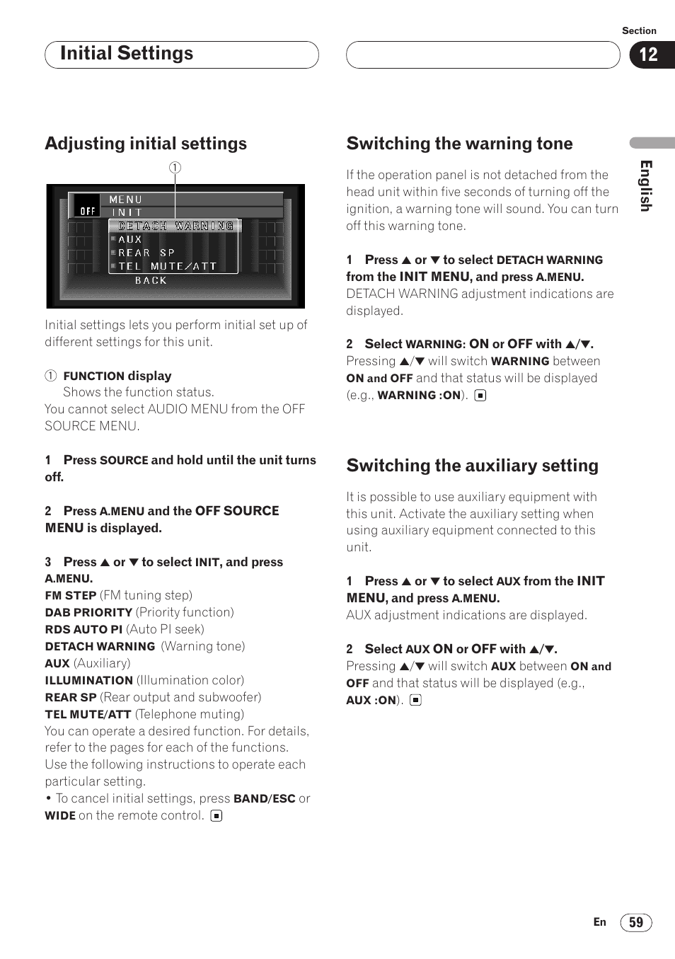 Initial settings, Adjusting initial settings, Switching the warning tone | Switching the auxiliary setting | Pioneer AVH-P6400 User Manual | Page 59 / 212