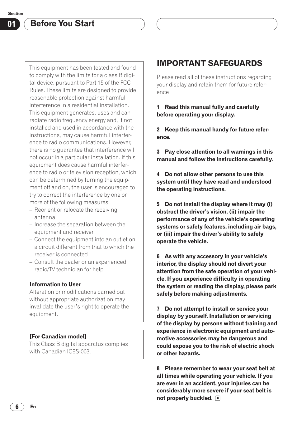 Important safeguards 6, Before you start, Important safeguards | Pioneer AVH-P6400 User Manual | Page 6 / 212