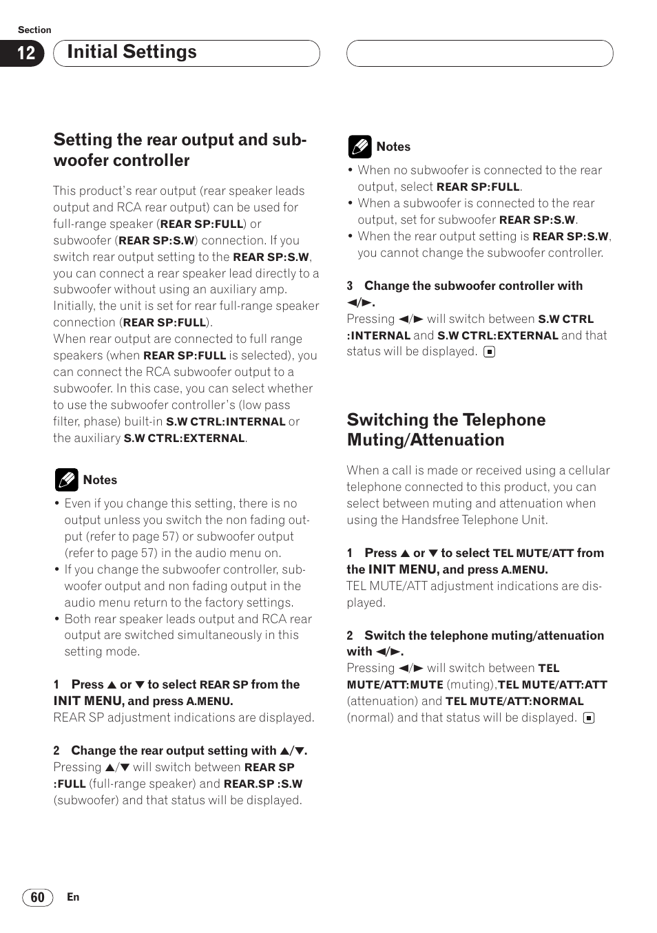 Setting the rear output and, Subwoofer controller 60, Switching the telephone | Muting/attenuation 60, Initial settings, Setting the rear output and sub- woofer controller, Switching the telephone muting/attenuation | Pioneer AVH-P6400 User Manual | Page 60 / 212