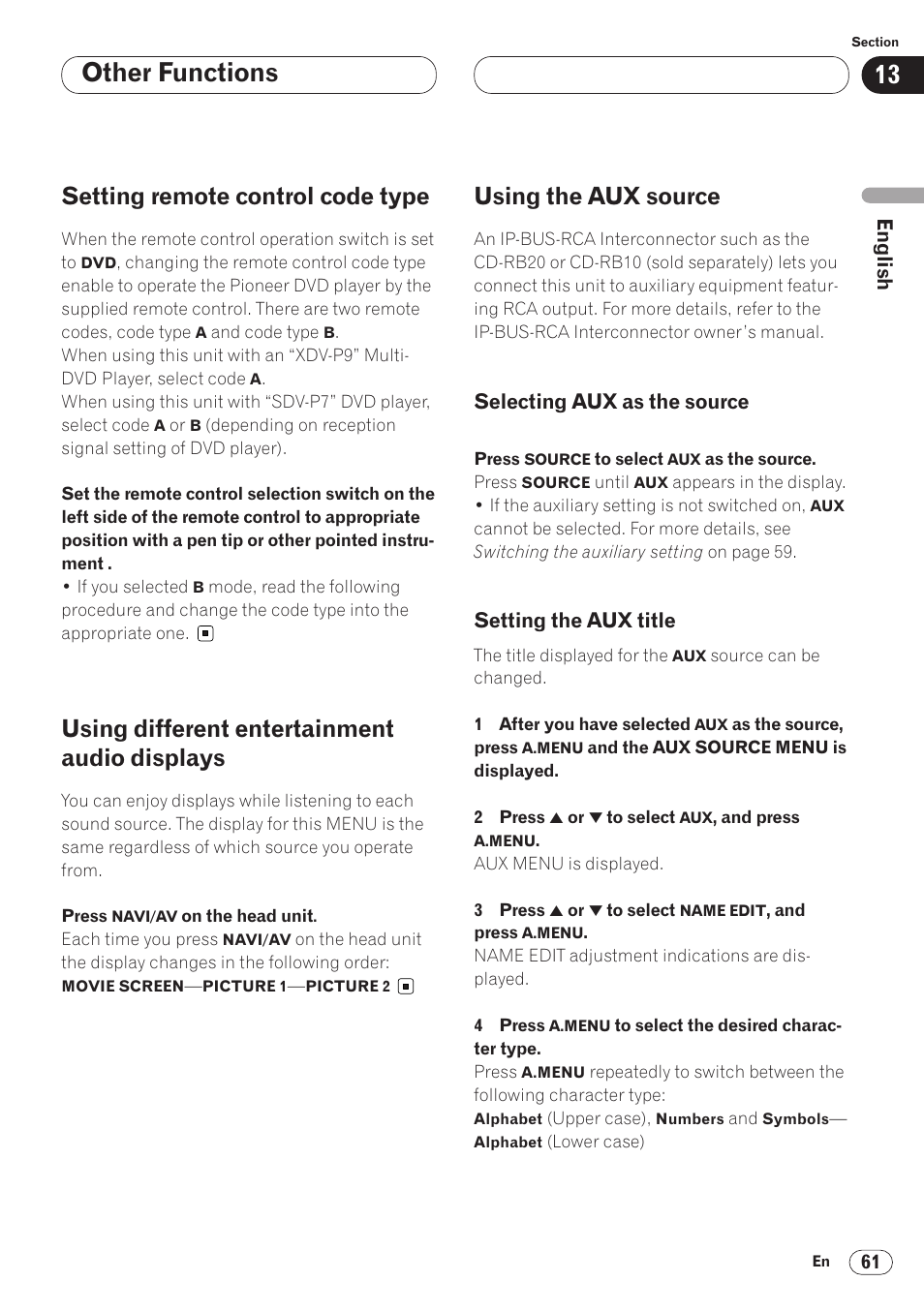 Other functions, Setting remote control code type, Using different entertainment audio displays | Using the aux source | Pioneer AVH-P6400 User Manual | Page 61 / 212