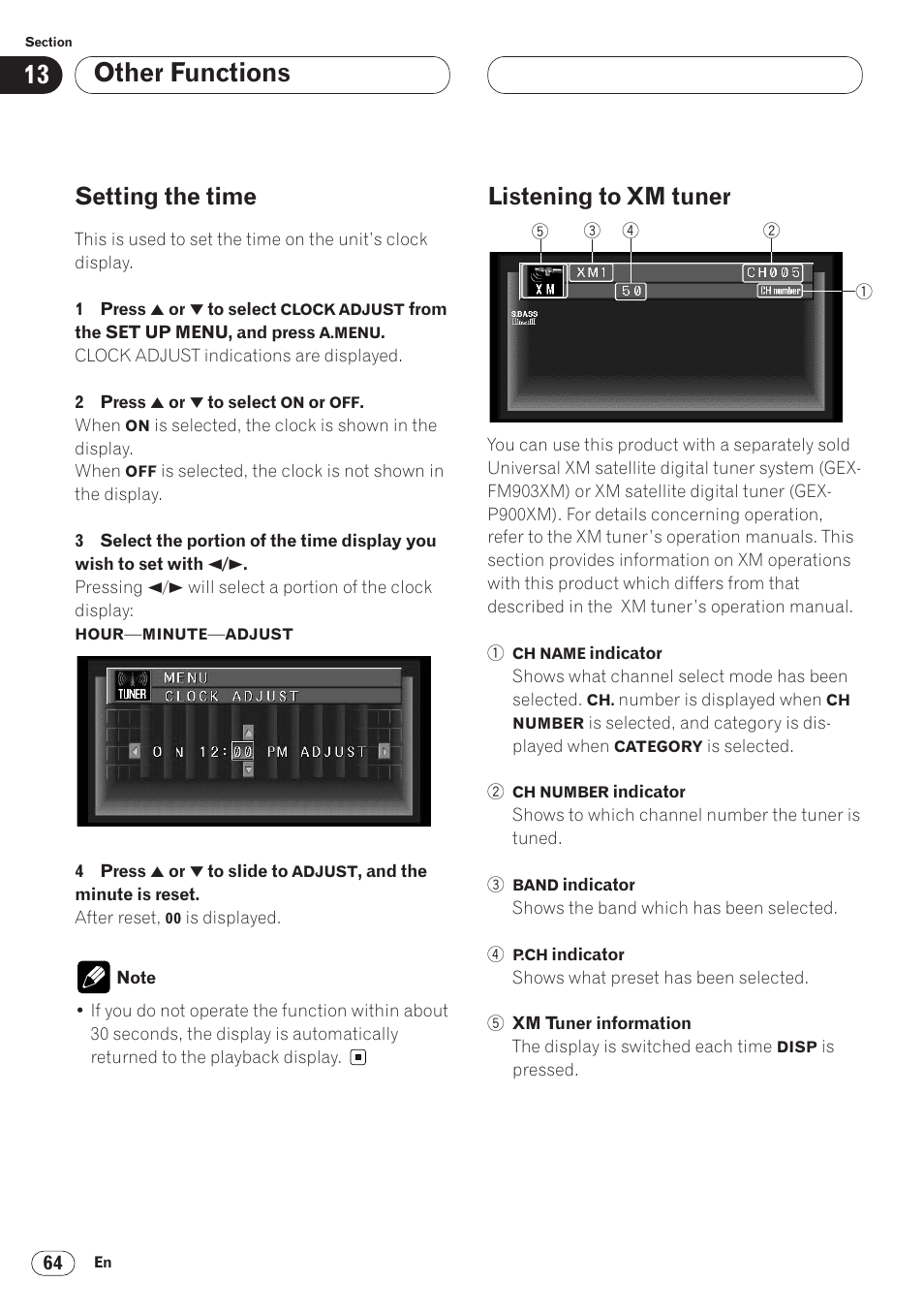 Setting the time 64 listening to xm tuner 64, Other functions, Setting the time | Listening to xm tuner | Pioneer AVH-P6400 User Manual | Page 64 / 212