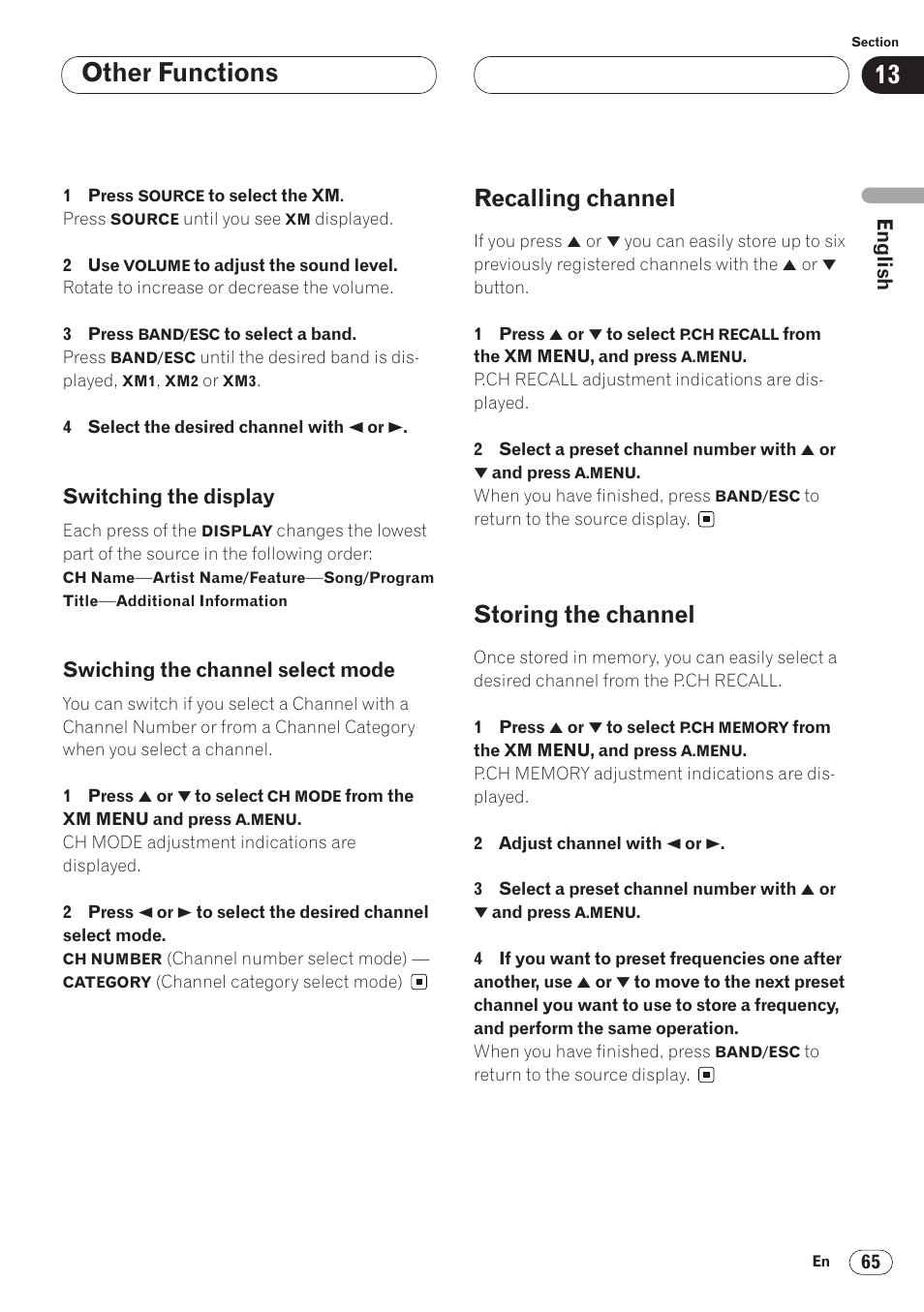 Recalling channel 65 storing the channel 65, Other functions, Recalling channel | Storing the channel | Pioneer AVH-P6400 User Manual | Page 65 / 212