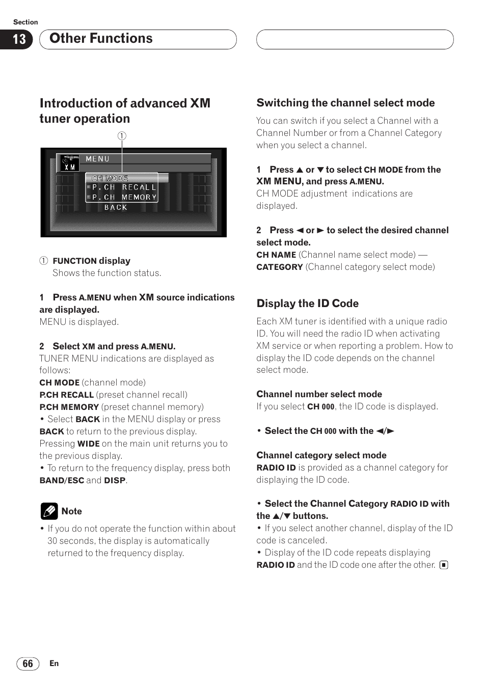 Introduction of advanced xm tuner, Other functions, Introduction of advanced xm tuner operation | Switching the channel select mode, Display the id code | Pioneer AVH-P6400 User Manual | Page 66 / 212