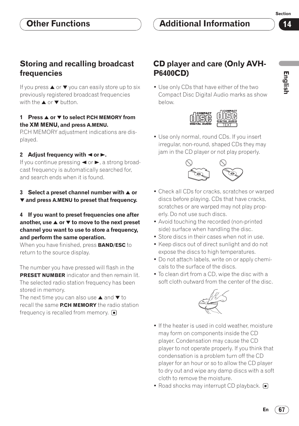 Storing and recalling broadcast, Frequencies 67, Cd player and care (only avh-p6400cd) 67 | Other functions additional information, Storing and recalling broadcast frequencies, Cd player and care (only avh- p6400cd) | Pioneer AVH-P6400 User Manual | Page 67 / 212