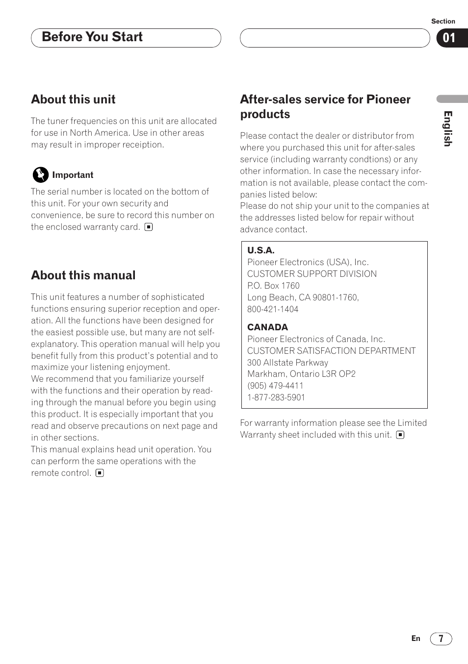 Before you start, About this unit, About this manual | After-sales service for pioneer products | Pioneer AVH-P6400 User Manual | Page 7 / 212