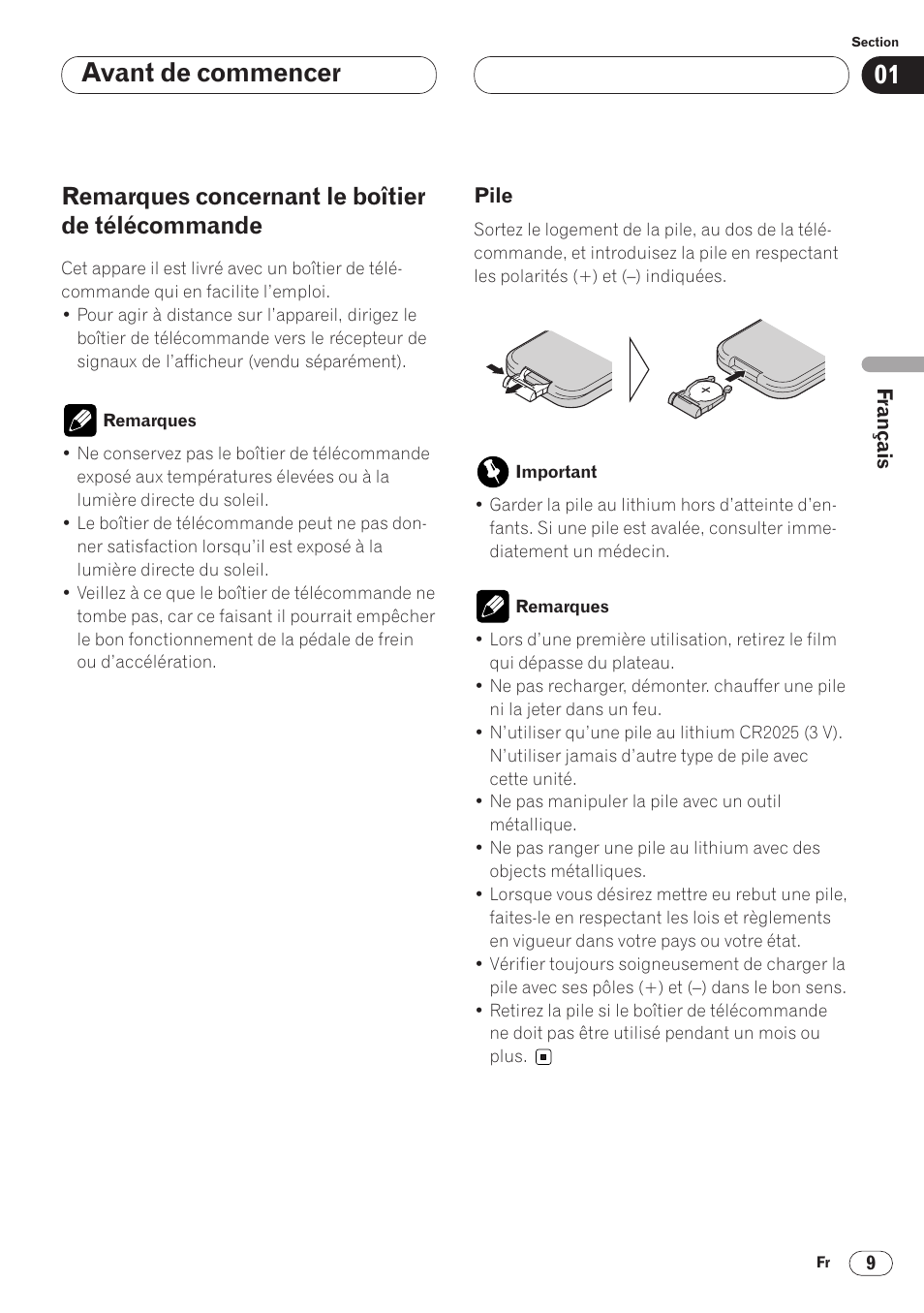 Remarques concernant le boîtier de, Télécommande 9 • pile 9, Avant de commencer | Remarques concernant le boîtier de télécommande | Pioneer AVH-P6400 User Manual | Page 79 / 212