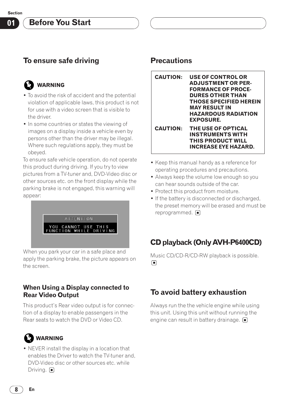 To ensure safe driving 8, When using a display connected to, Rear video output 8 | Before you start, Precautions, Cd playback (only avh-p6400cd) | Pioneer AVH-P6400 User Manual | Page 8 / 212