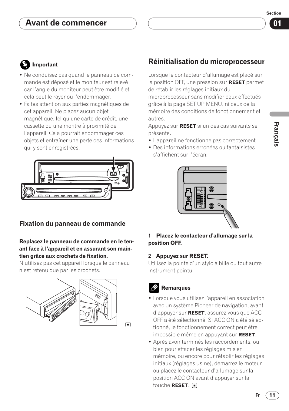 Fixation du panneau de commande 11, Réinitialisation du microprocesseur 11, Avant de commencer | Réinitialisation du microprocesseur | Pioneer AVH-P6400 User Manual | Page 81 / 212