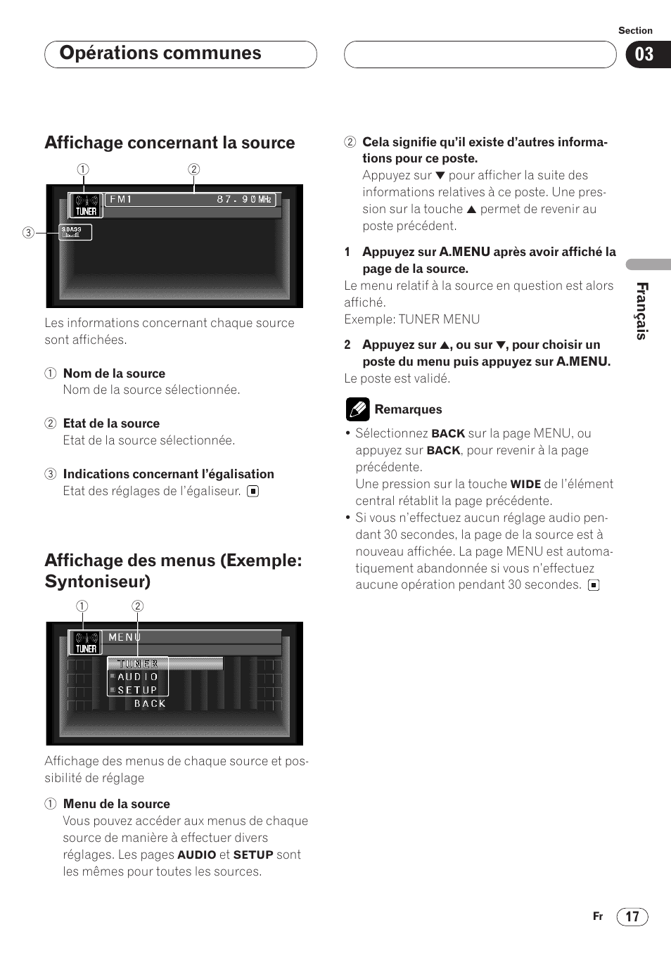 Exemple: syntoniseur) 17, Opérations communes, Affichage concernant la source | Affichage des menus (exemple: syntoniseur) | Pioneer AVH-P6400 User Manual | Page 87 / 212