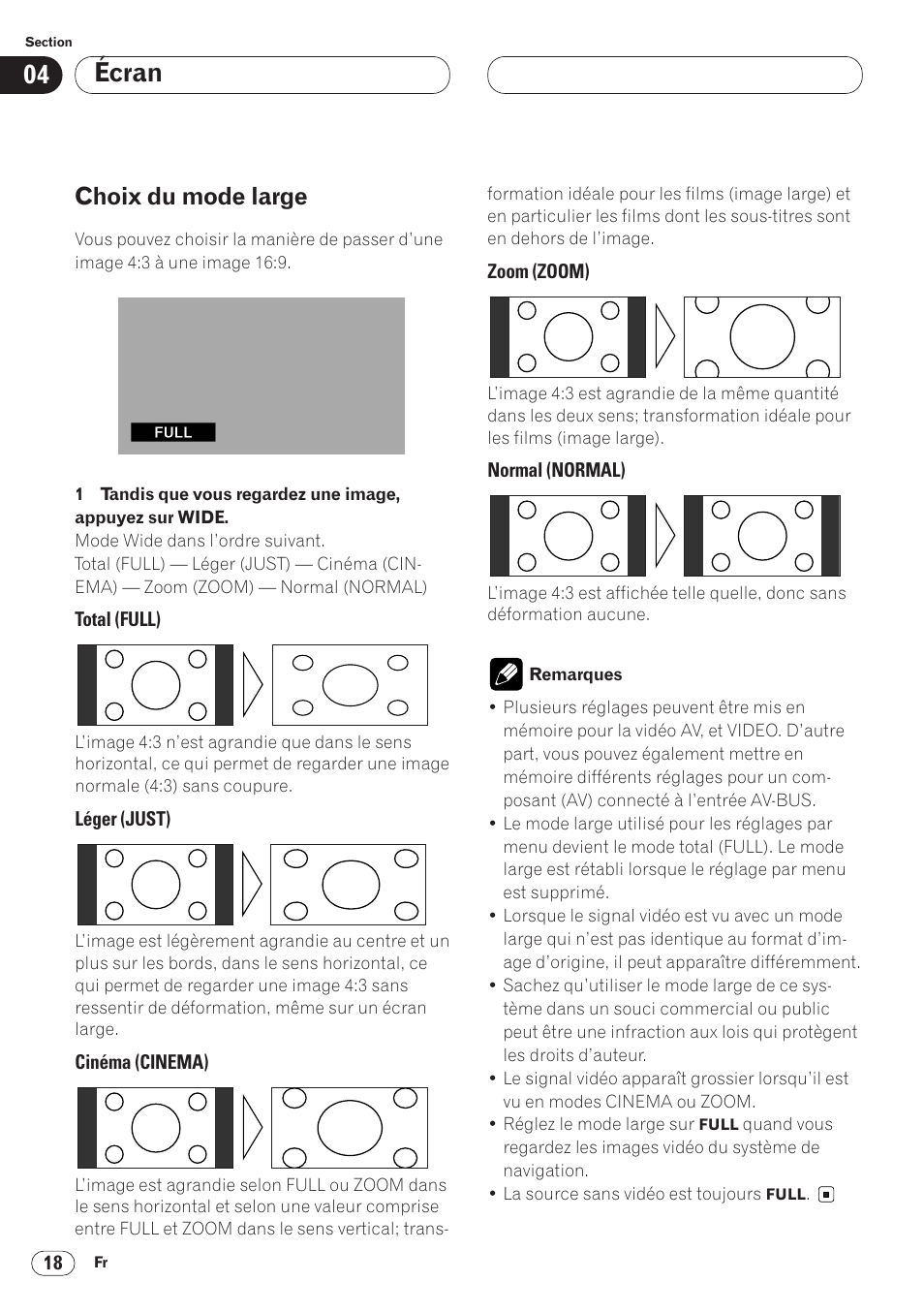 Choix du mode large 18, Écran, Choix du mode large | Pioneer AVH-P6400 User Manual | Page 88 / 212