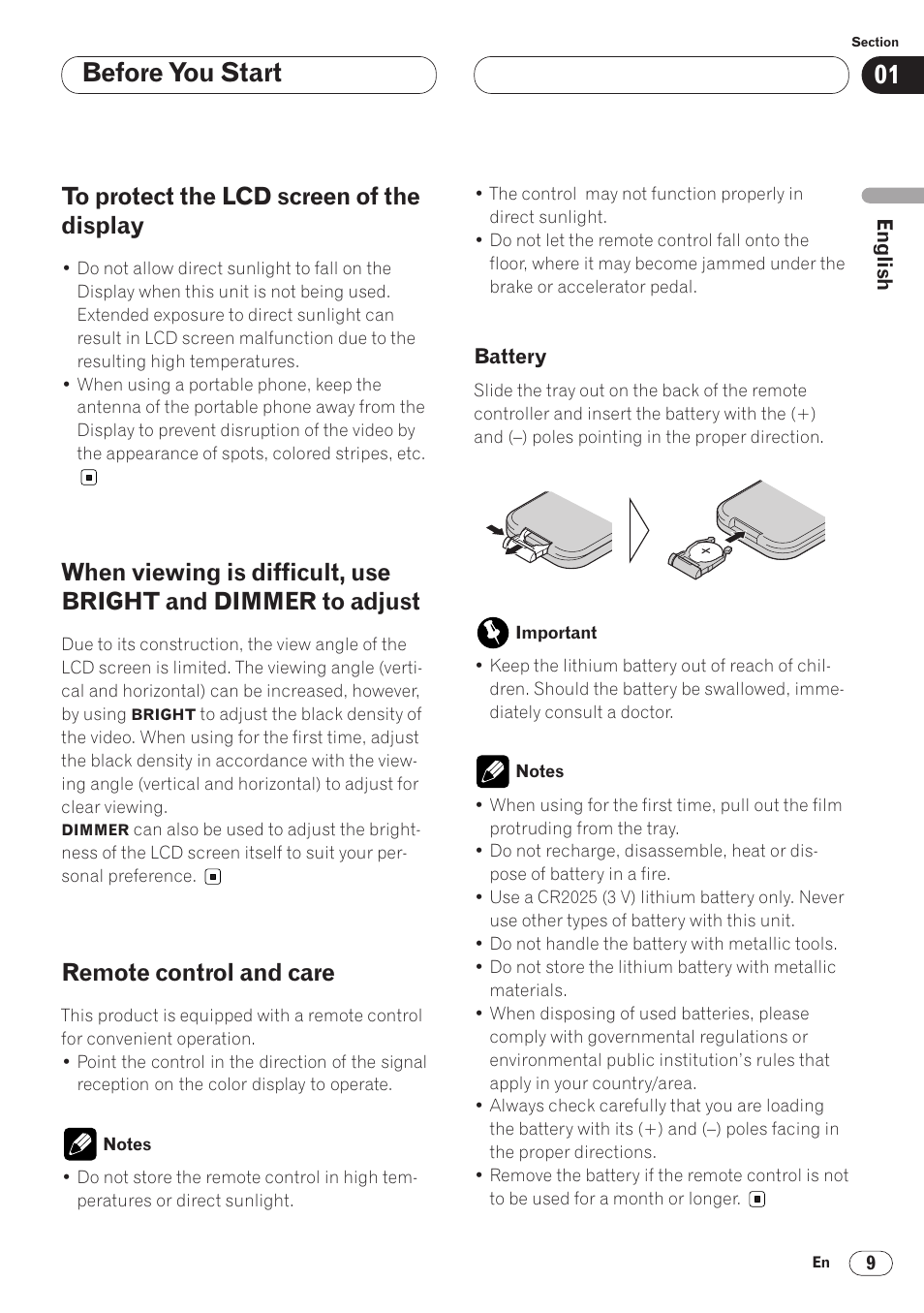 And dimmer to adjust 9, Remote control and care 9, Battery 9 | Before you start, Remote control and care | Pioneer AVH-P6400 User Manual | Page 9 / 212