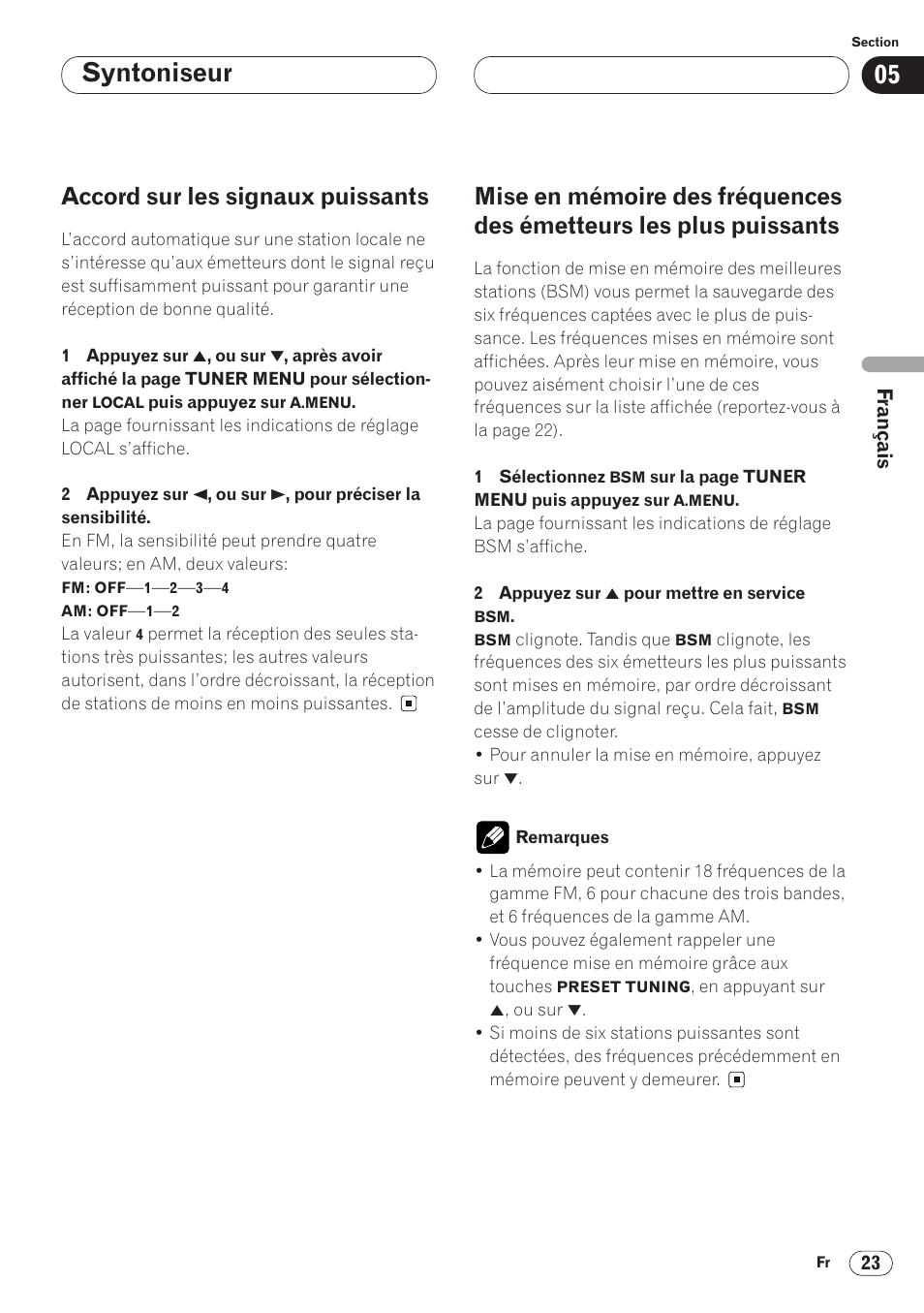 Teurs les plus puissants 23, Syntoniseur, Accord sur les signaux puissants | Pioneer AVH-P6400 User Manual | Page 93 / 212