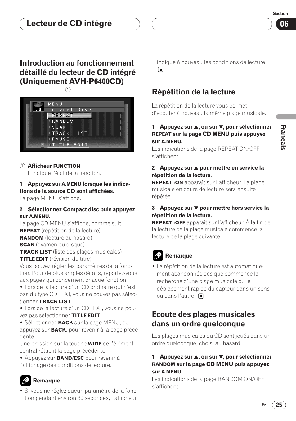 Introduction au fonctionnement détaillé, Dans un ordre quelconque 25, Lecteur de cd intégré | Répétition de la lecture | Pioneer AVH-P6400 User Manual | Page 95 / 212