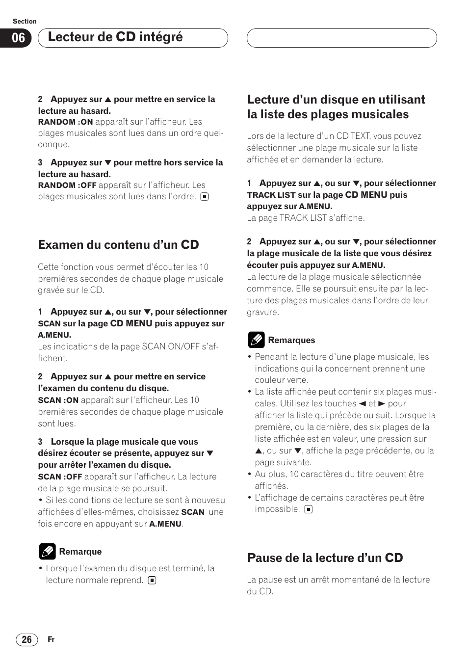 La liste des plages musicales 26, Des disques 26, Lecteur de cd intégré | Examen du contenu d’un cd, Pause de la lecture d’un cd | Pioneer AVH-P6400 User Manual | Page 96 / 212