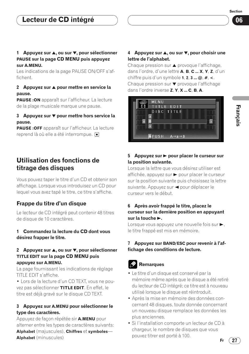 Frappe du titre d’un disque 27, Lecteur de cd intégré, Utilisation des fonctions de titrage des disques | Pioneer AVH-P6400 User Manual | Page 97 / 212