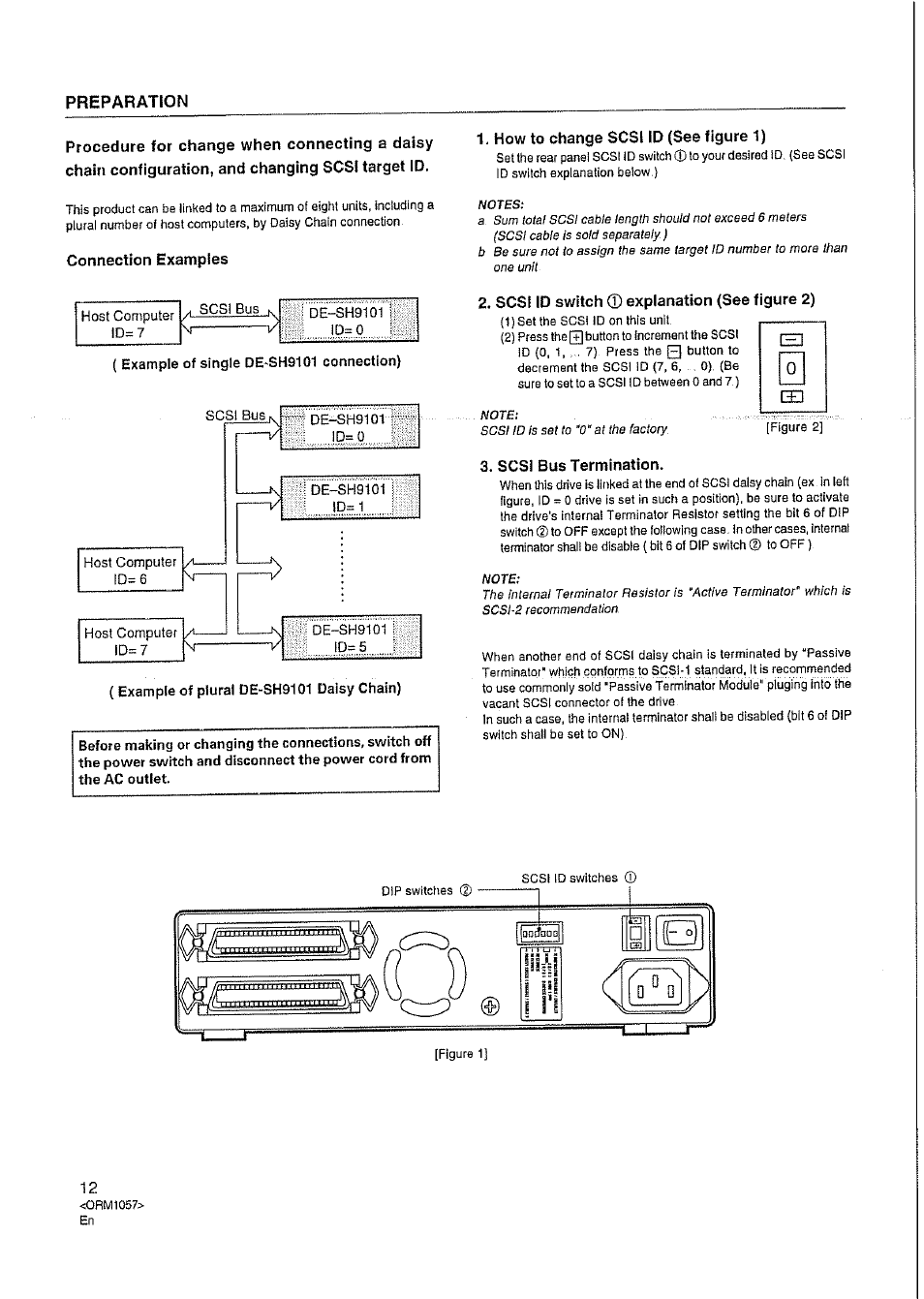 Preparation, Connection examples, How to change scsi id (see figure 1) | Scsi id switch ® explanation (see figure 2), Scsi bus termination | Pioneer DE-SH9101 User Manual | Page 5 / 10