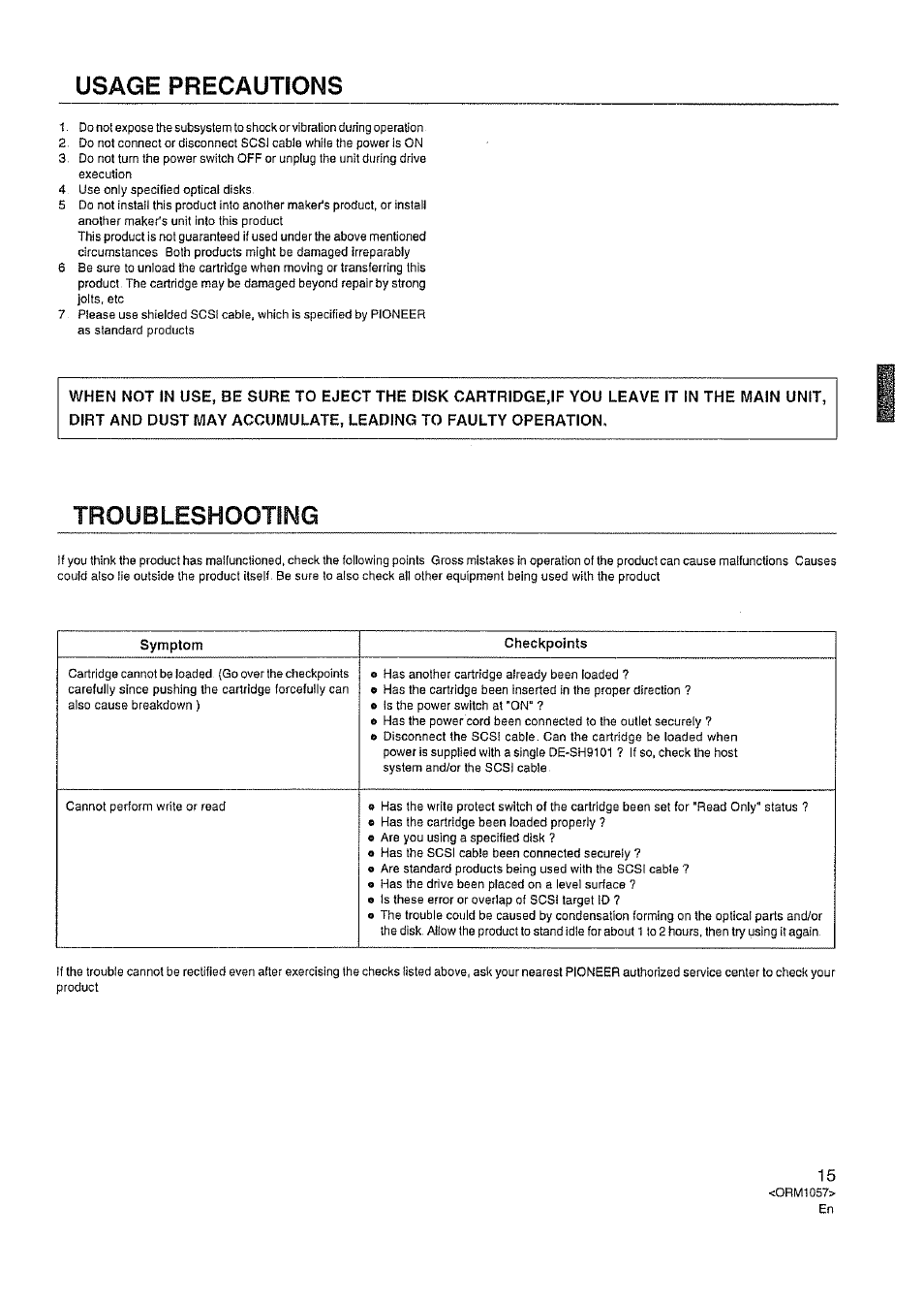 Usage precautions, Troubleshooting | Pioneer DE-SH9101 User Manual | Page 8 / 10