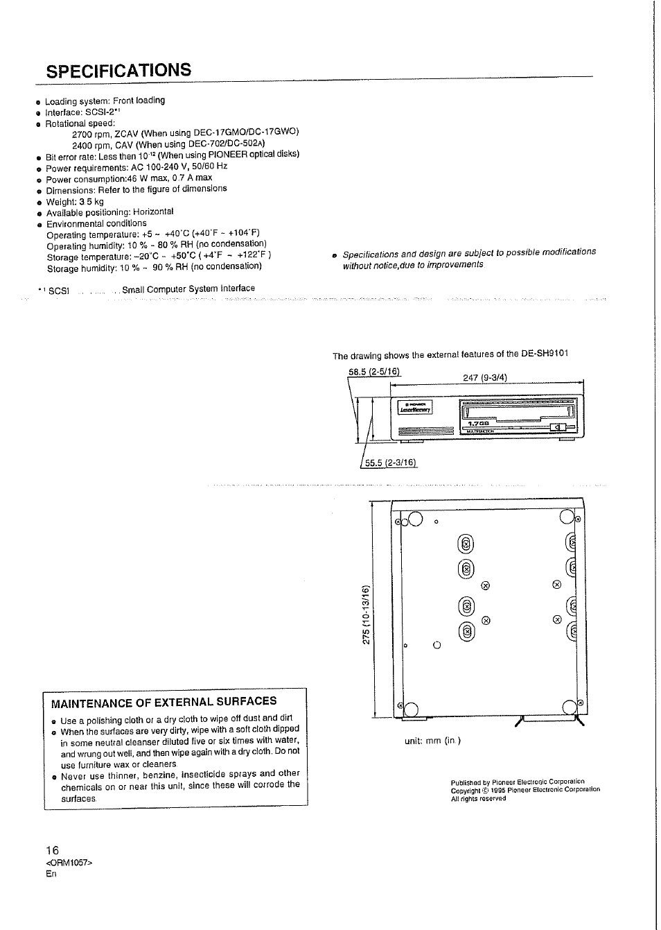 Maintenance of external surfaces, Specifications | Pioneer DE-SH9101 User Manual | Page 9 / 10