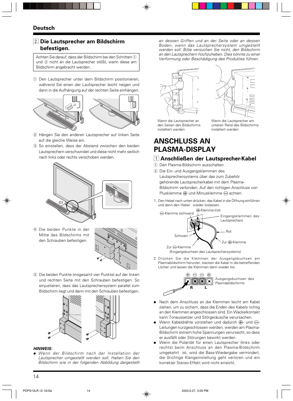 Anschluss an plasma-display, Deutsch, 2 die lautsprecher am bildschirm befestigen | 1 anschließen der lautsprecher-kabel | Pioneer PDP-S13-LR User Manual | Page 14 / 40