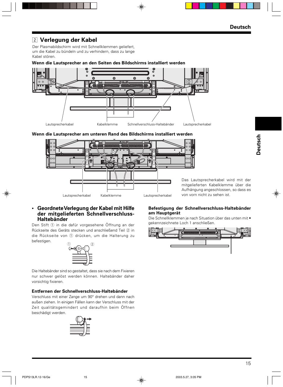 Verlegung der kabel, Deutsch, Deutsch 2 | Pioneer PDP-S13-LR User Manual | Page 15 / 40
