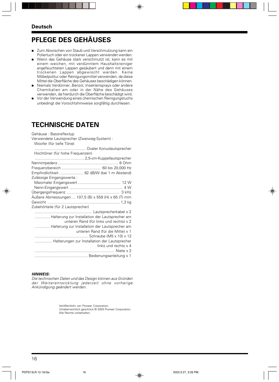 Technische daten, Pflege des gehäuses, Deutsch | Pioneer PDP-S13-LR User Manual | Page 16 / 40