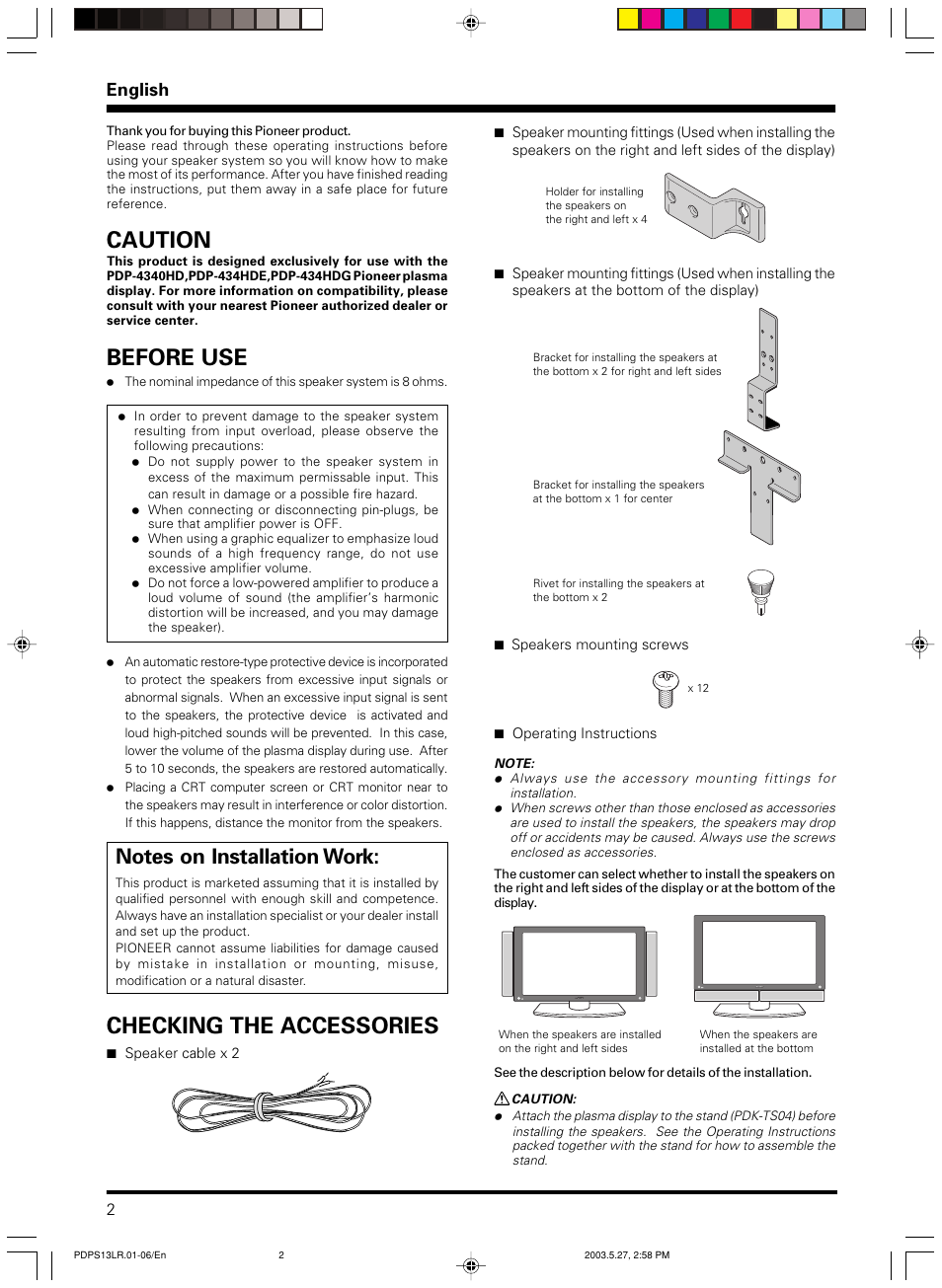 Checking the accessories, Before use, Caution | English | Pioneer PDP-S13-LR User Manual | Page 2 / 40