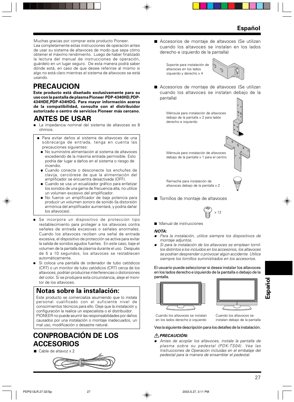 Conprobación de los accesorios, Precaucion, Antes de usar | Notas sobre la instalación, Español | Pioneer PDP-S13-LR User Manual | Page 27 / 40