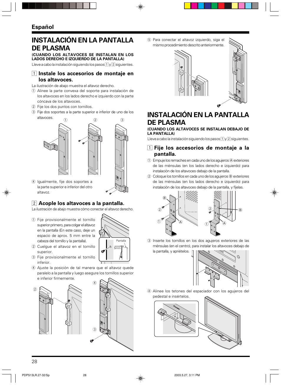 Instalación en la pantalla de plasma, Español, 2 acople los altavoces a la pantalla | 1 fije los accesorios de montaje a la pantalla | Pioneer PDP-S13-LR User Manual | Page 28 / 40