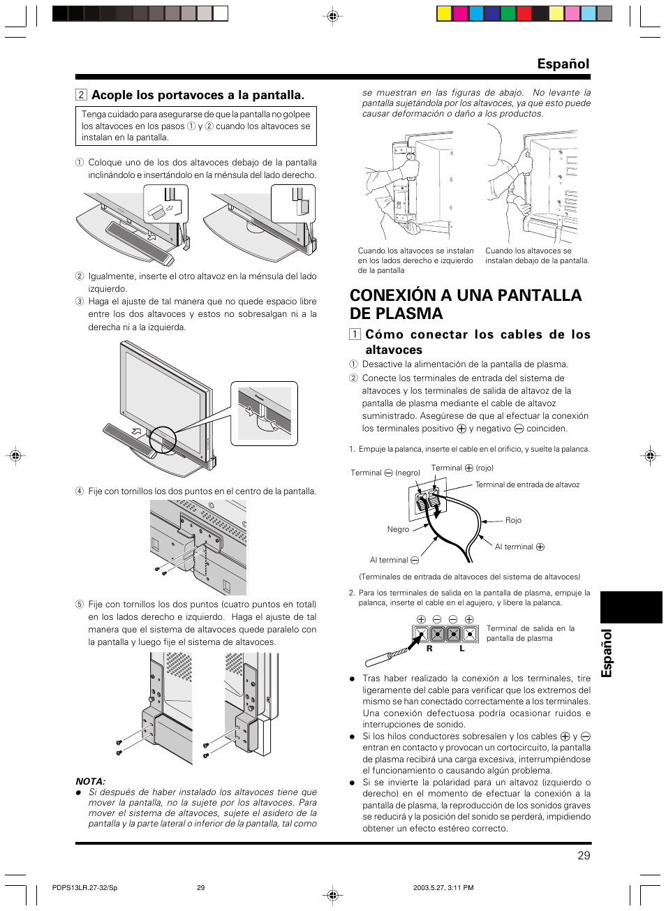 Conexión a una pantalla de plasma, Espa ñ ol español, 2 acople los portavoces a la pantalla | 1 cómo conectar los cables de los altavoces | Pioneer PDP-S13-LR User Manual | Page 29 / 40