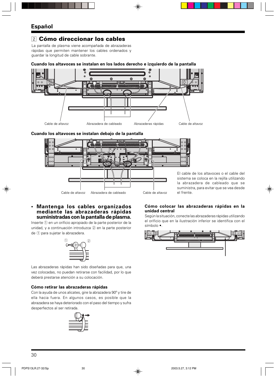 Español, Cómo direccionar los cables | Pioneer PDP-S13-LR User Manual | Page 30 / 40