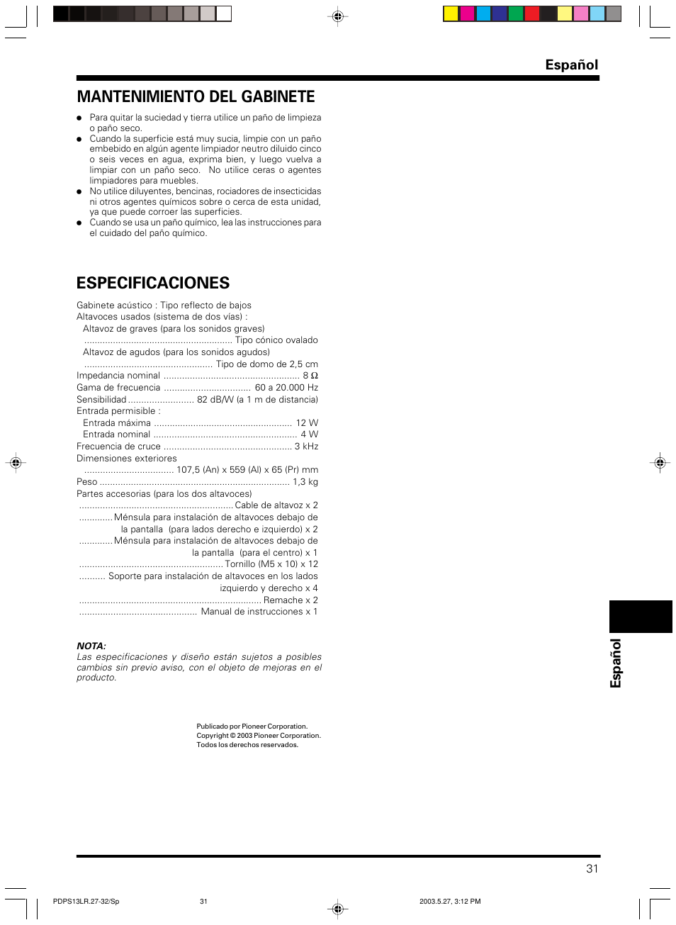 Especificaciones, Mantenimiento del gabinete, Espa ñ ol español | Pioneer PDP-S13-LR User Manual | Page 31 / 40