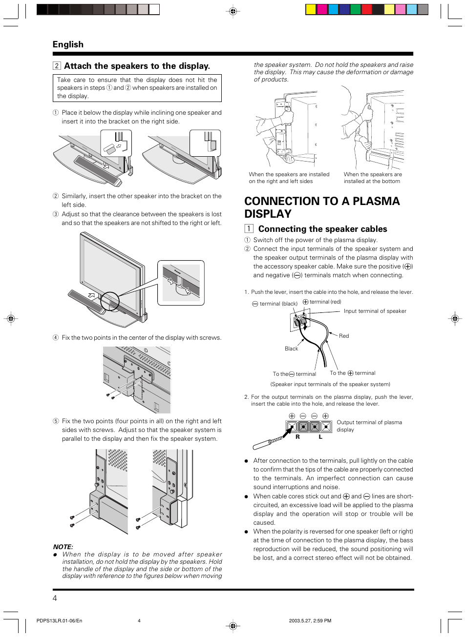 Connection to a plasma display, English, 2 attach the speakers to the display | Connecting the speaker cables | Pioneer PDP-S13-LR User Manual | Page 4 / 40