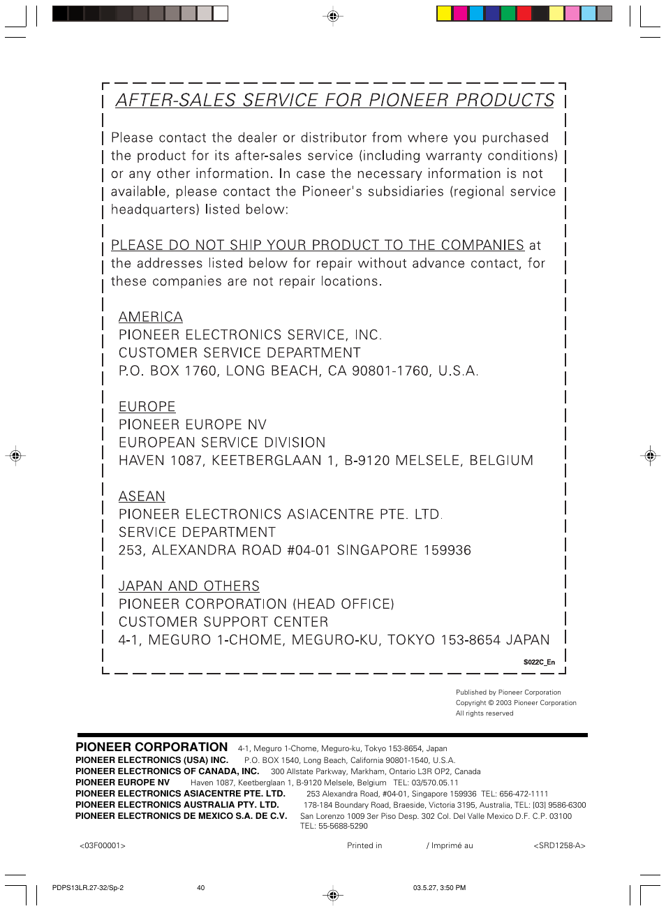 Pioneer corporation | Pioneer PDP-S13-LR User Manual | Page 40 / 40